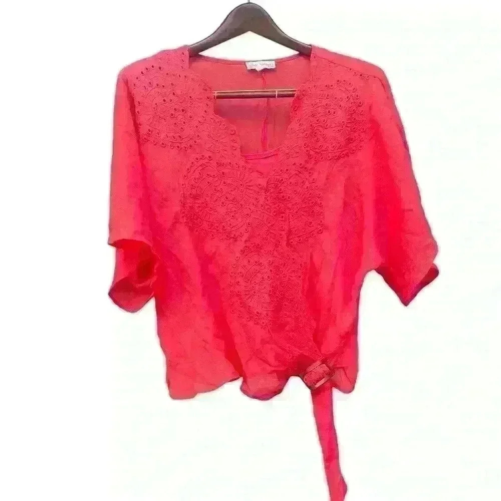 Hope Springs Blouse Eyelet Faux Wrap Waist Tie Buckle Stretch Camisole Boho SZ L